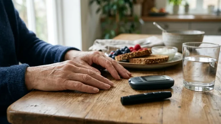 Blood Sugar Target Over 65 with a glucose meter and diabetes monitoring supplies in an older adult's home