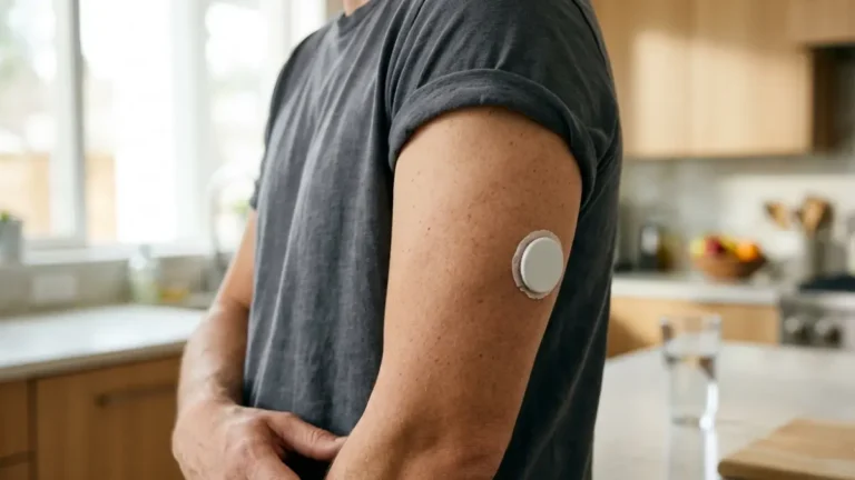 CGM time in range sensor on an adult's upper arm during everyday glucose monitoring