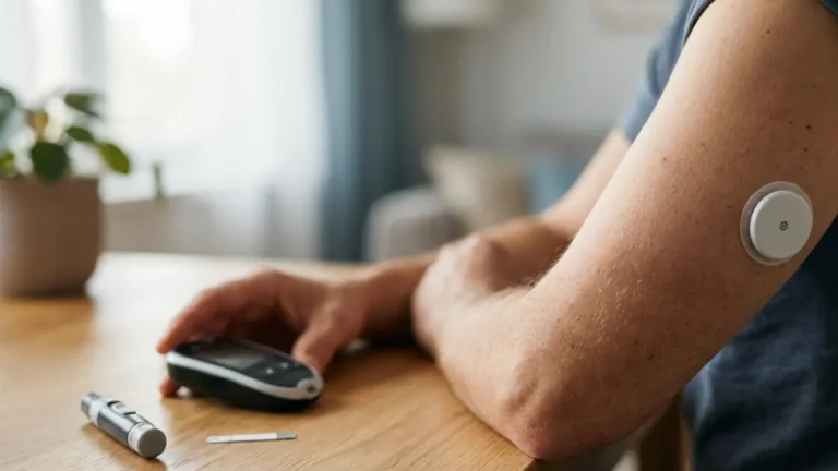 CGM vs Finger Stick comparison showing a continuous glucose monitor and blood glucose meter for glucose testing