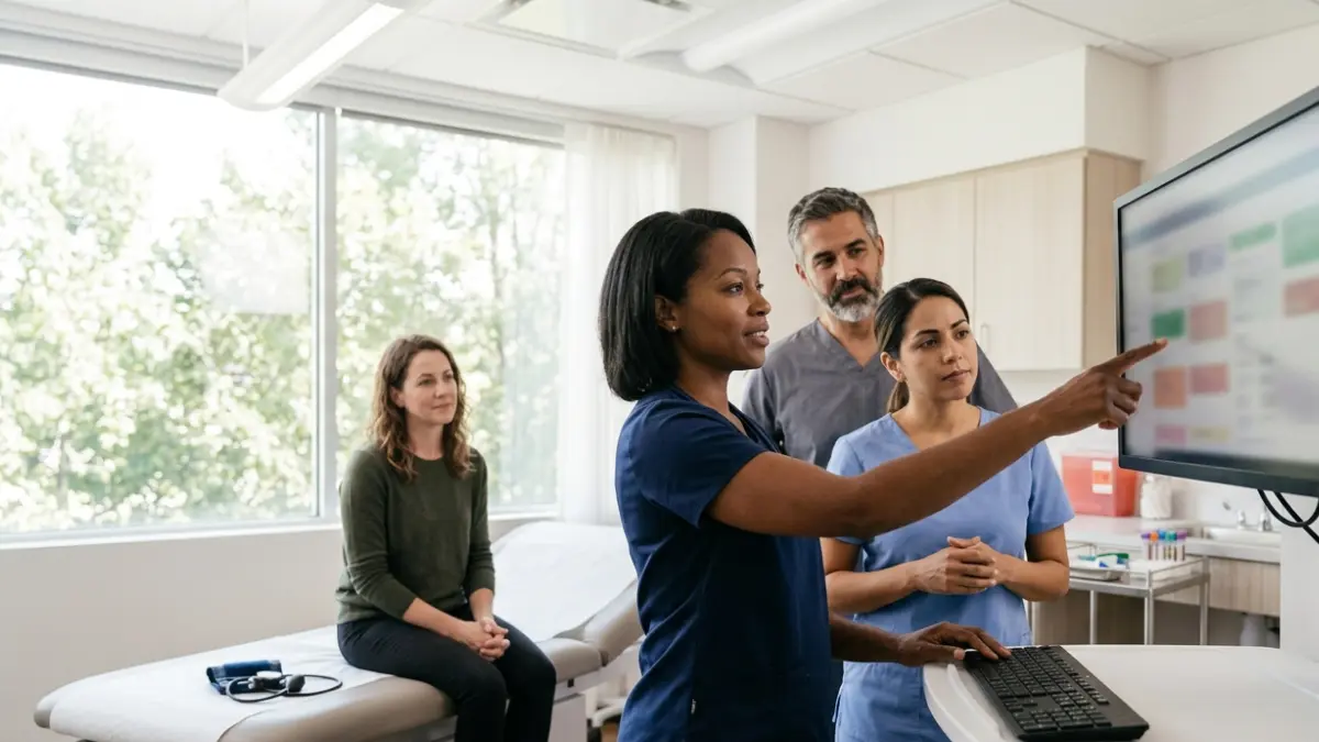 Healthcare professionals reviewing A1C Screening Age recommendations during a preventive care discussion in a medical clinic