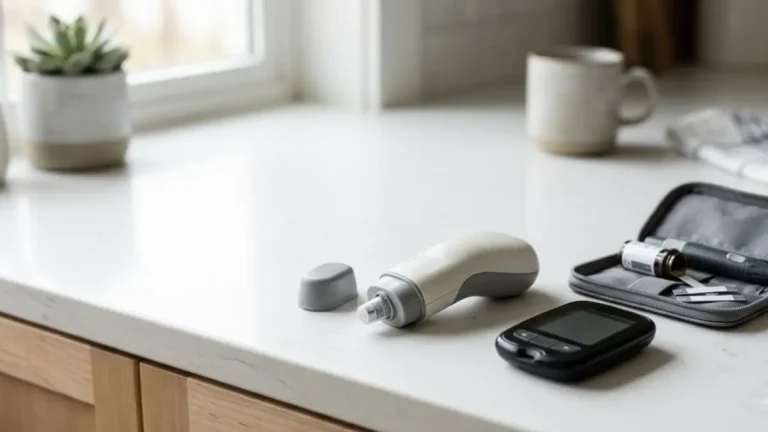 Continuous glucose monitor costs compared with a glucose meter and test strips on a home countertop