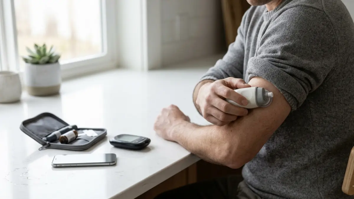 Continuous glucose monitor costs and an adult applying a glucose sensor to the upper arm