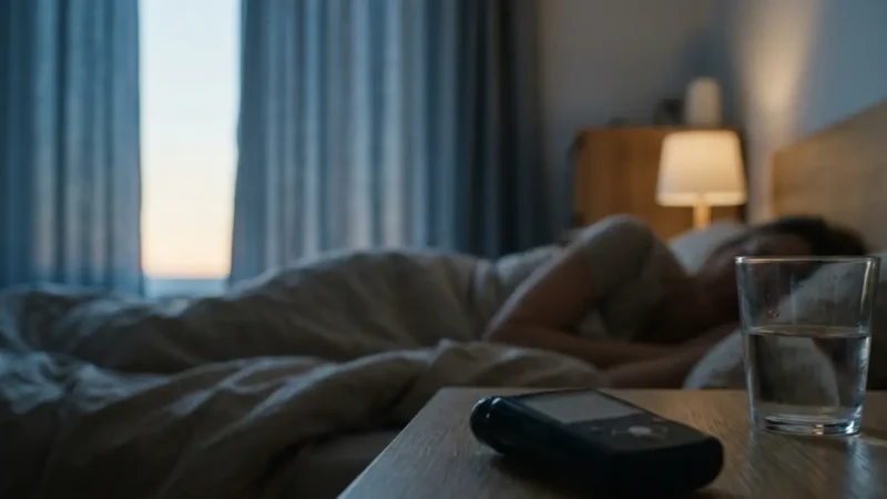 Dawn phenomenon shown through an early-morning bedroom scene with a glucose monitoring device