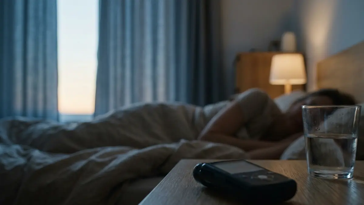 Dawn phenomenon shown through an early-morning bedroom scene with a glucose monitoring device