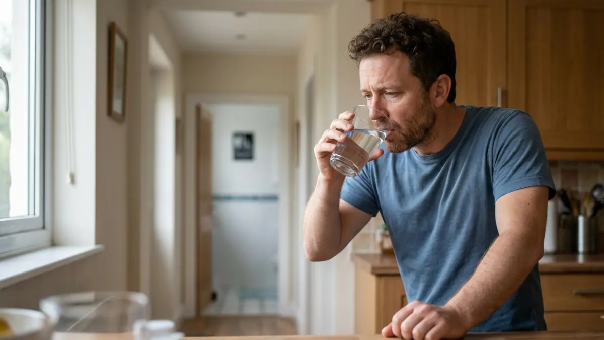 DKA symptoms including excessive thirst and fatigue as an adult drinks water at home