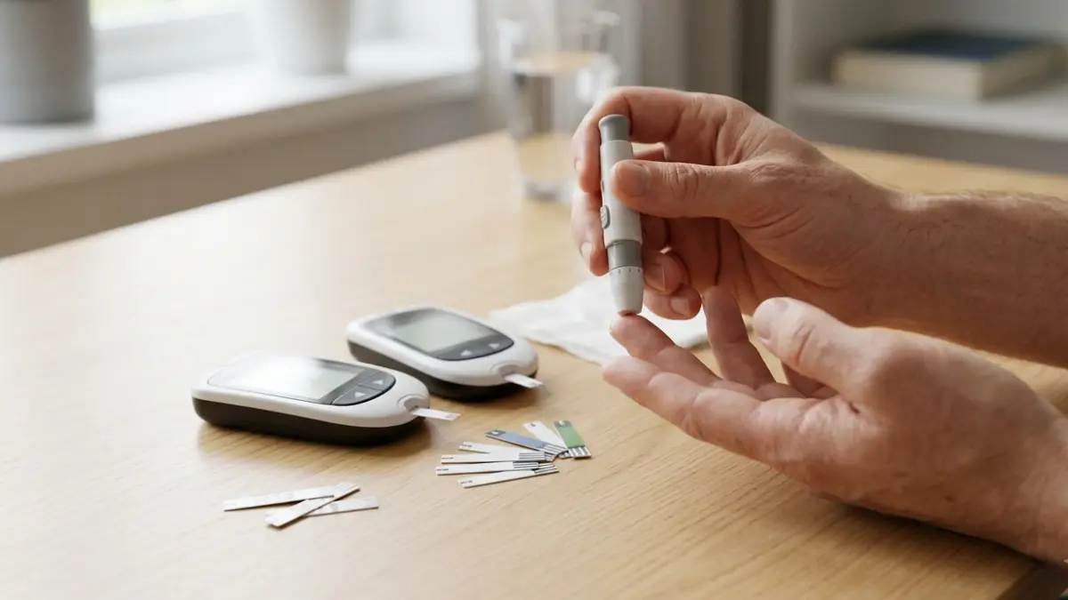 DKA symptoms with an adult checking glucose and ketones using home testing devices