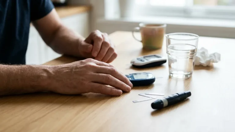DKA symptoms and diabetes monitoring with a glucose meter, ketone testing device, and water at home