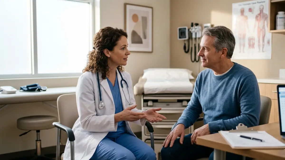 Doctor discussing A1C test results with an adult patient during a medical consultation.