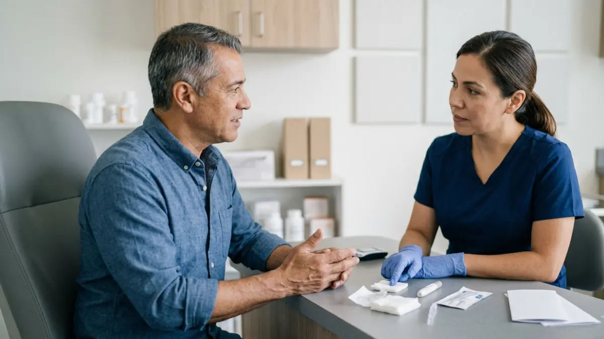 Primary care physician discussing a Walk-In Cholesterol Test result with a patient during a follow-up appointment.