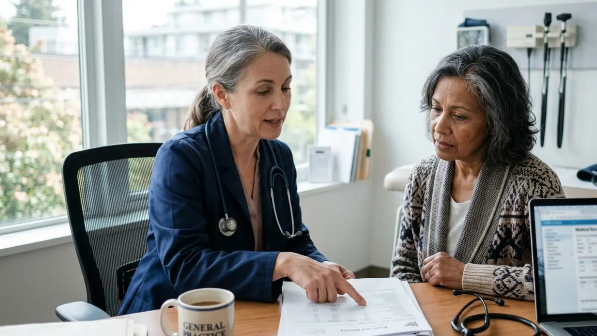 Doctor discussing differing blood test results with an adult patient during a consultation about Fasting Glucose and A1C testing