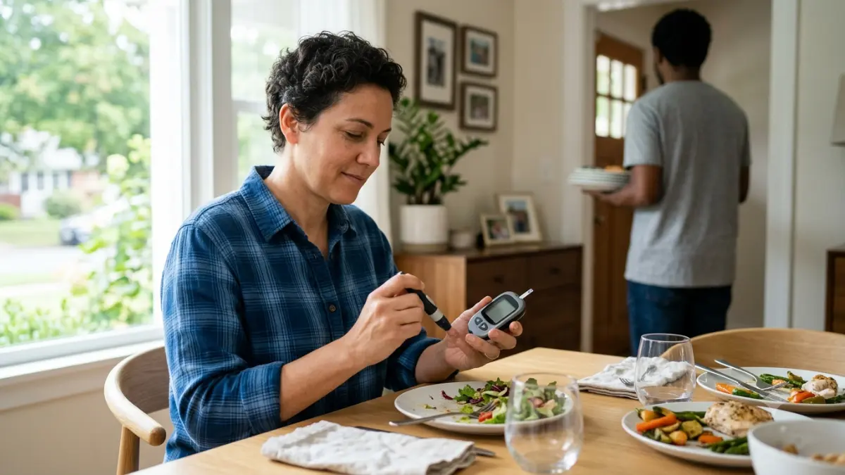 Adult checking blood sugar after a meal while learning how Fasting Glucose differs from post-meal glucose changes