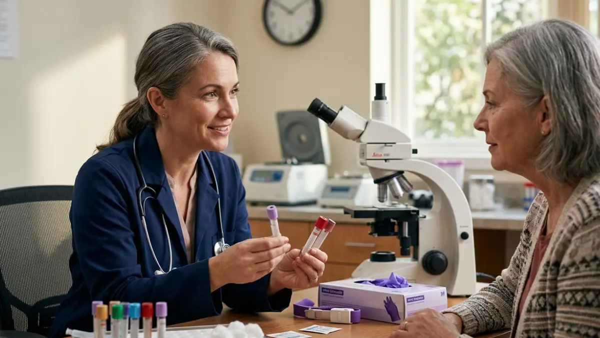 Healthcare professional explaining blood sample collection for Fasting Glucose and A1C testing in a clinical laboratory