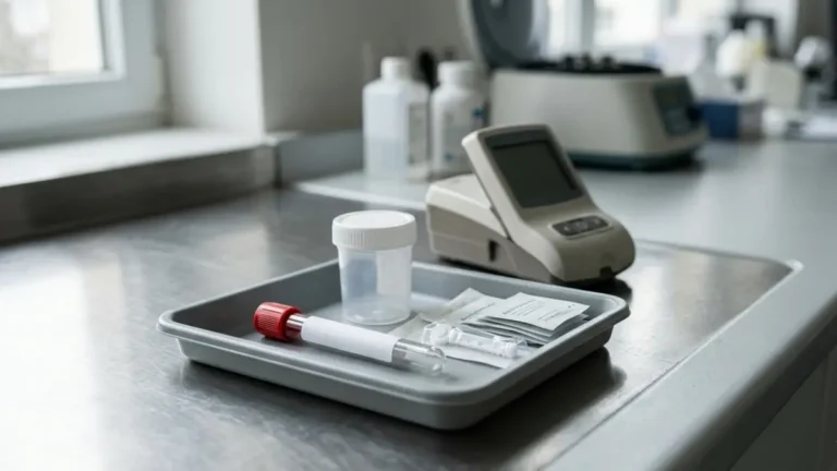 Fasting Glucose testing equipment arranged in a modern clinical laboratory for a fasting blood glucose test