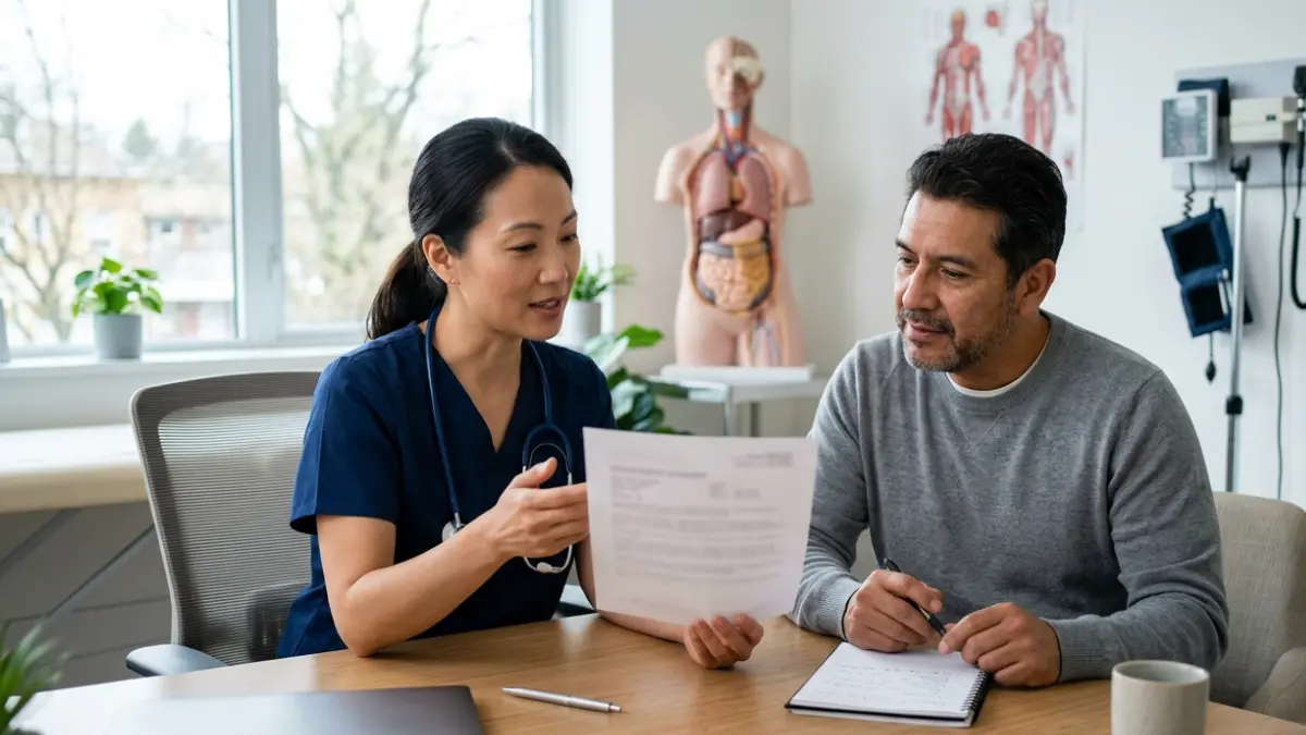 Doctor discussing repeat Fasting Glucose and A1C testing with an adult patient during a follow-up appointment