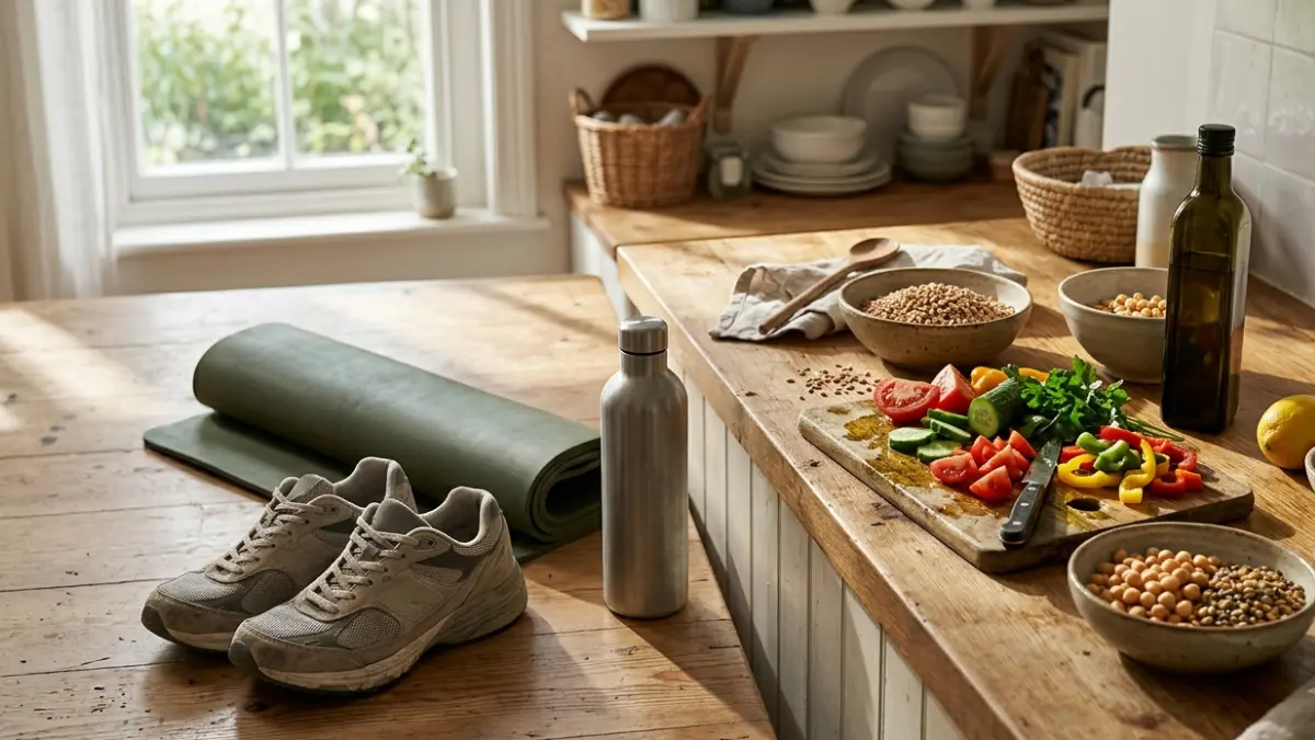 Fasting Glucose lifestyle management with healthy foods, walking shoes, exercise equipment, and water