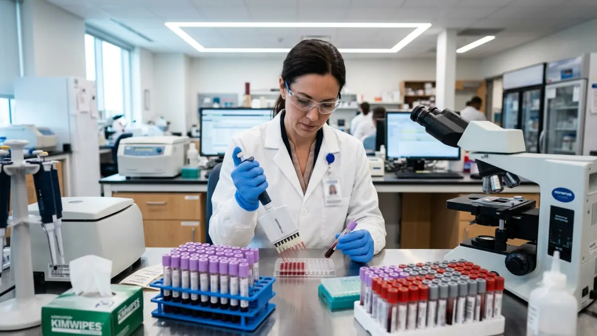 Laboratory scientist preparing blood samples for Fasting Glucose testing using professional laboratory equipment