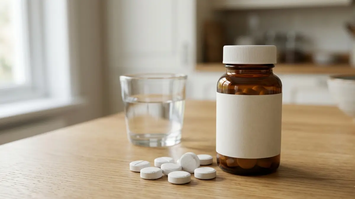 Fasting Glucose and prediabetes medication discussion represented by generic unbranded tablets and a medicine bottle