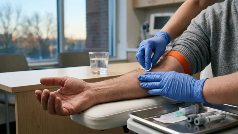 glucose test preparation with an adult's arm ready for a morning blood draw and water nearby