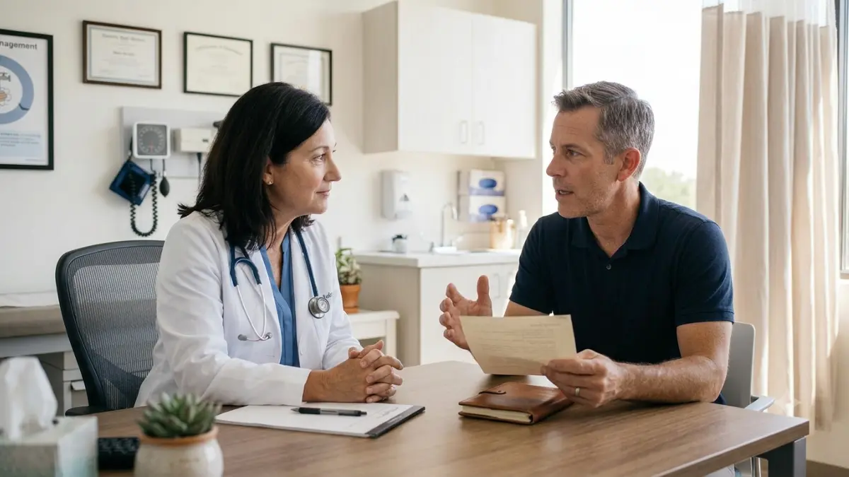 Doctor and patient discussing follow-up questions after an A1C 6.5 result during a primary care appointment