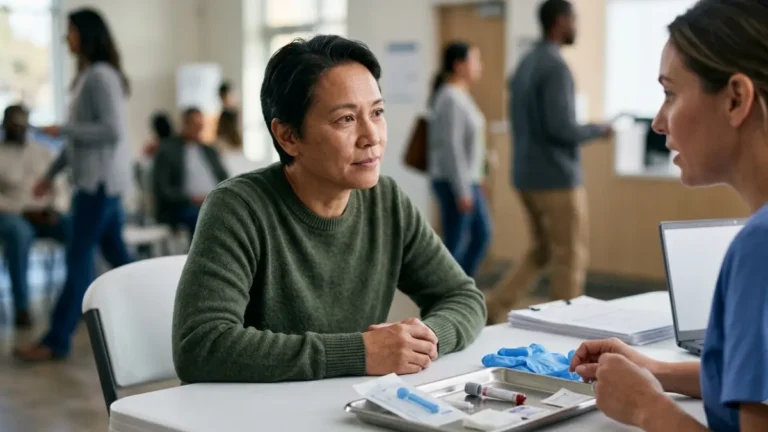 Free A1C Screening offered to an adult at a community healthcare screening station