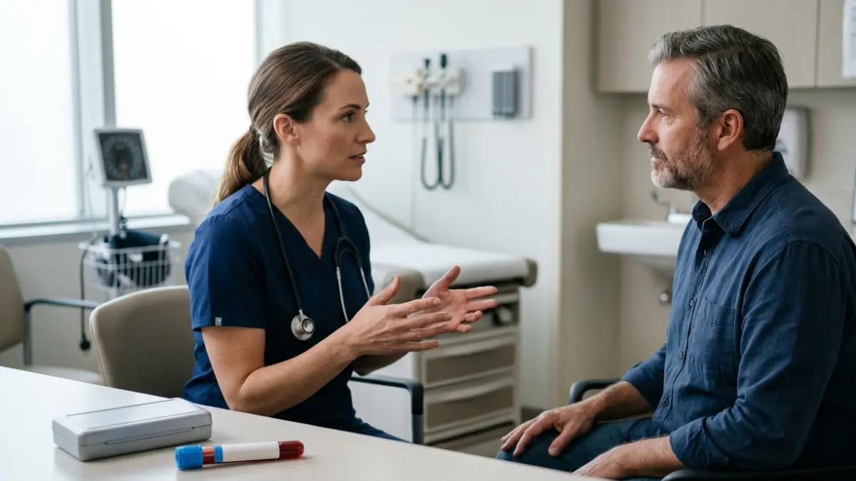 Clinician discussing factors that can affect the reliability of a fructosamine test with a patient