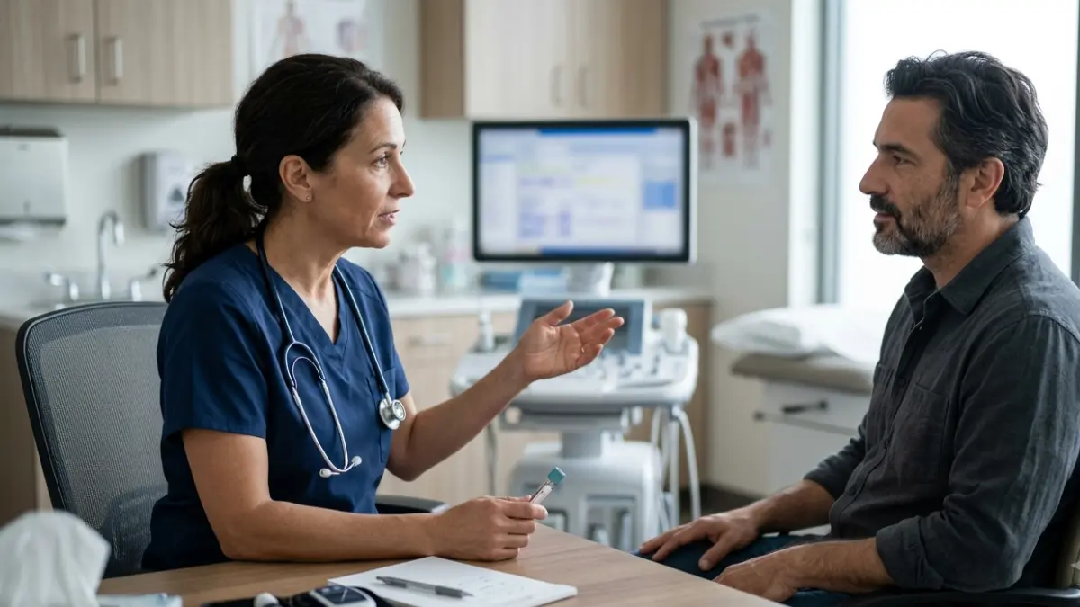 Clinician discussing a fructosamine test as an alternative glucose monitoring option with a patient