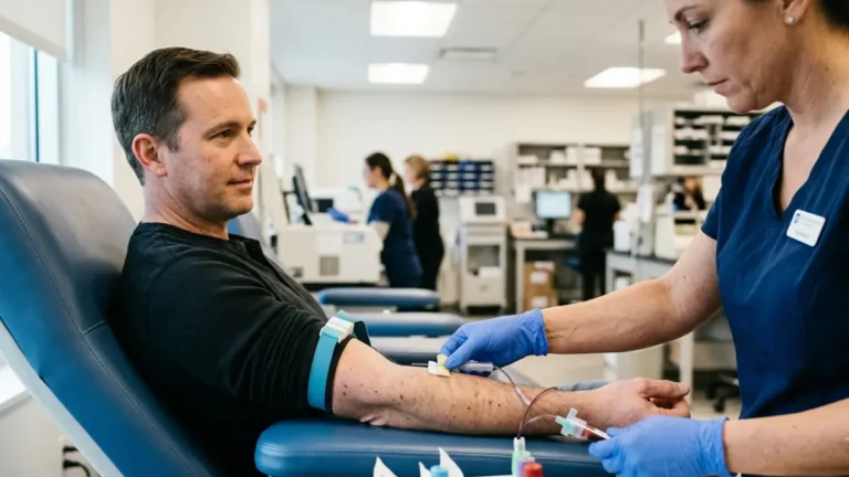 Adult patient undergoing a fructosamine test blood draw in a clinical laboratory