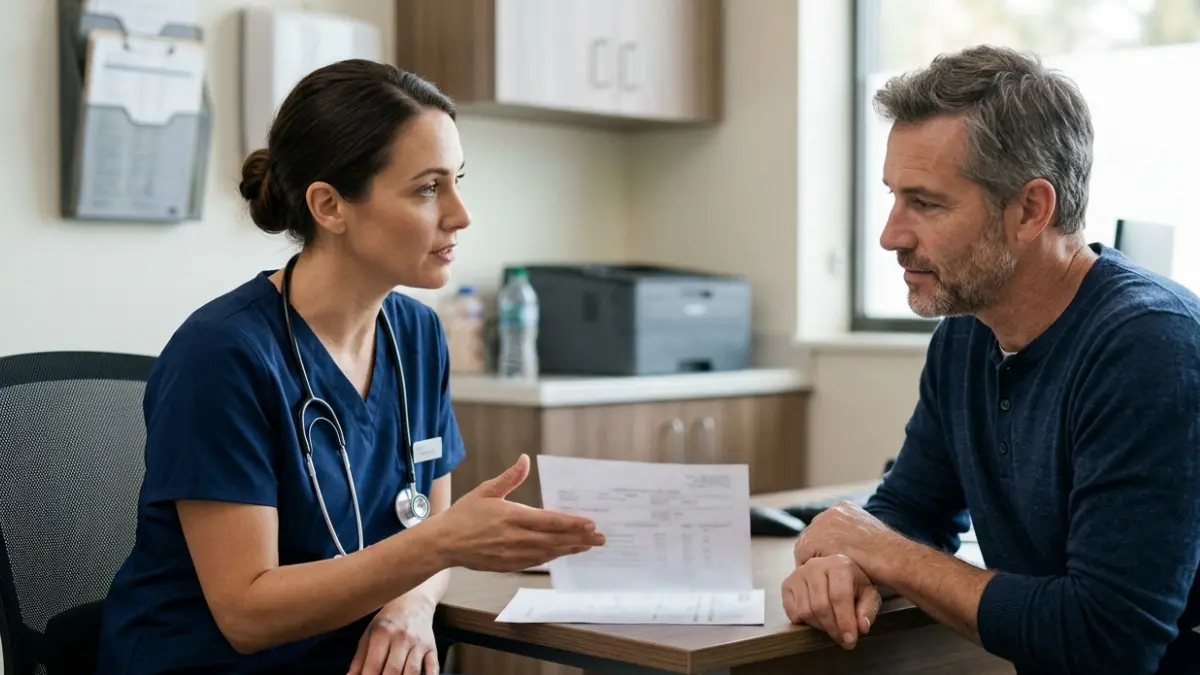 Patient discussing a fructosamine test result with a healthcare professional during a follow-up visit