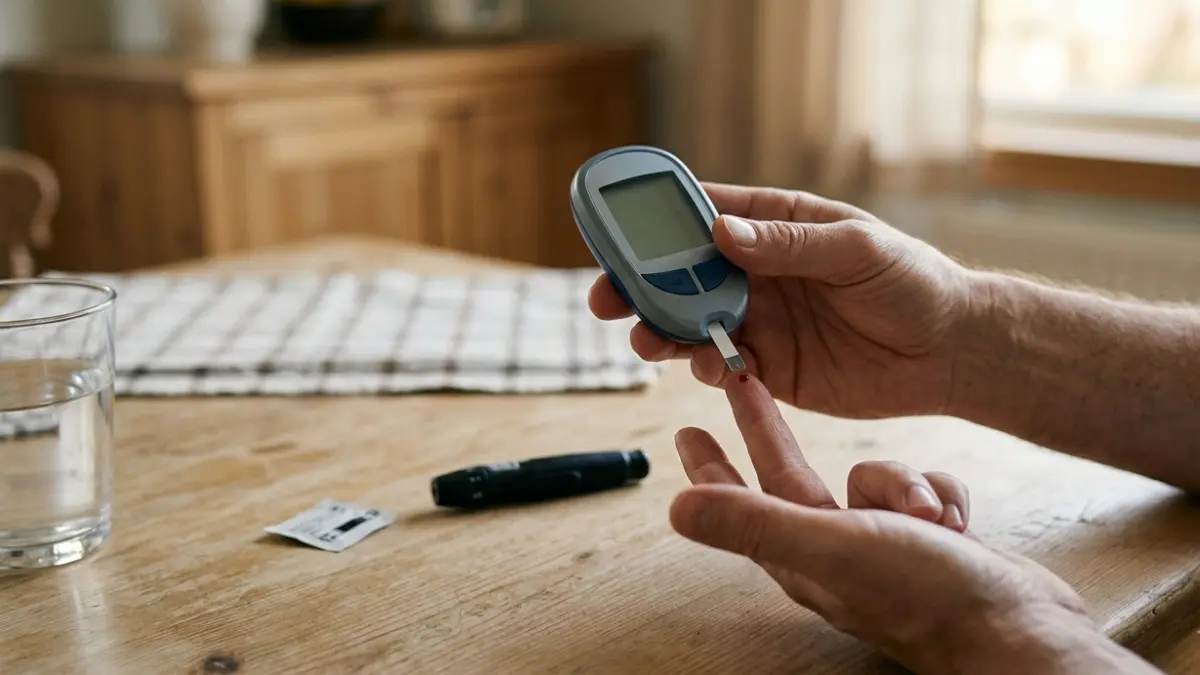 Glucose Levels: person checking blood glucose with a home glucose meter