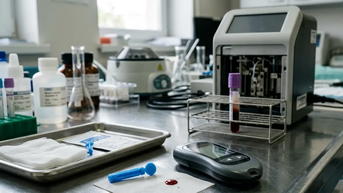 Glucose vs A1C showing a blood glucose meter and laboratory blood sample testing