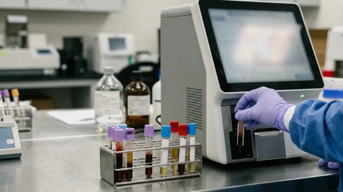 Glucose vs A1C showing blood samples being processed in a clinical laboratory