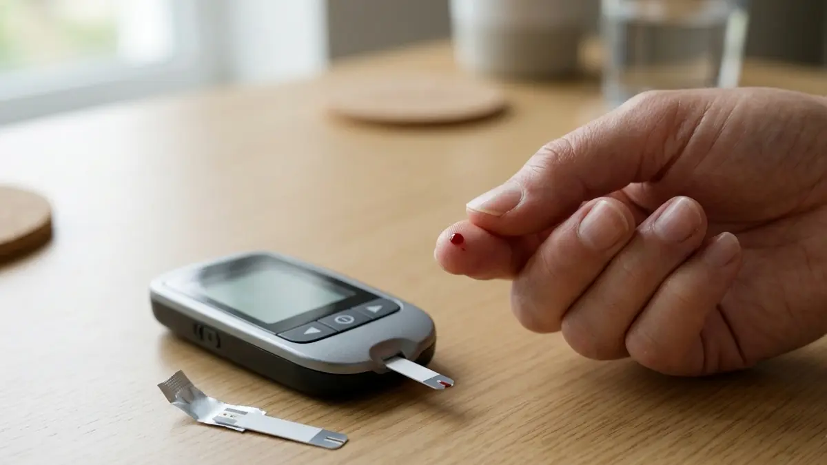 Glucose vs A1C showing a finger-stick blood glucose test with a glucose meter