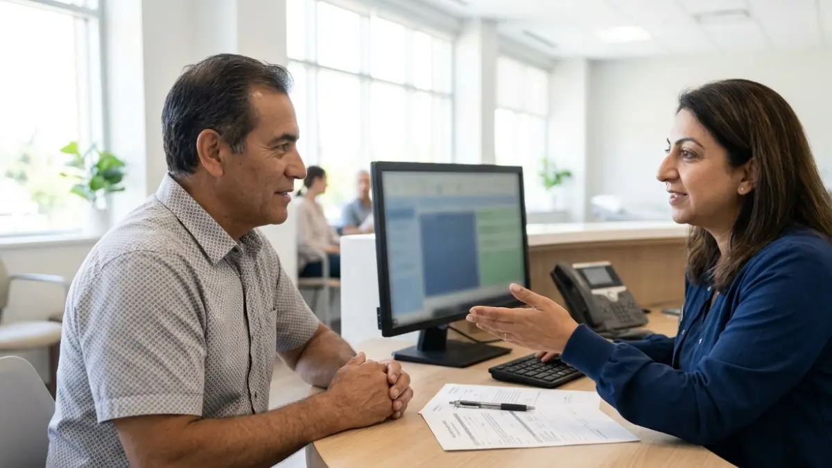 Patient discussing A1C test insurance coverage and appointment scheduling with clinic staff