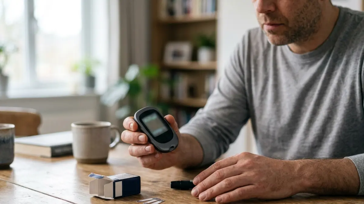 High blood sugar symptoms with an adult checking blood glucose at home using a glucose meter