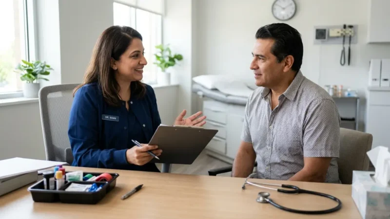 Doctor discussing diabetes follow-up schedule with an adult patient during an A1C test consultation