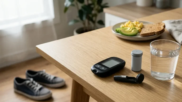 How to lower blood sugar with a home glucose monitoring setup, water, walking shoes, and a balanced meal