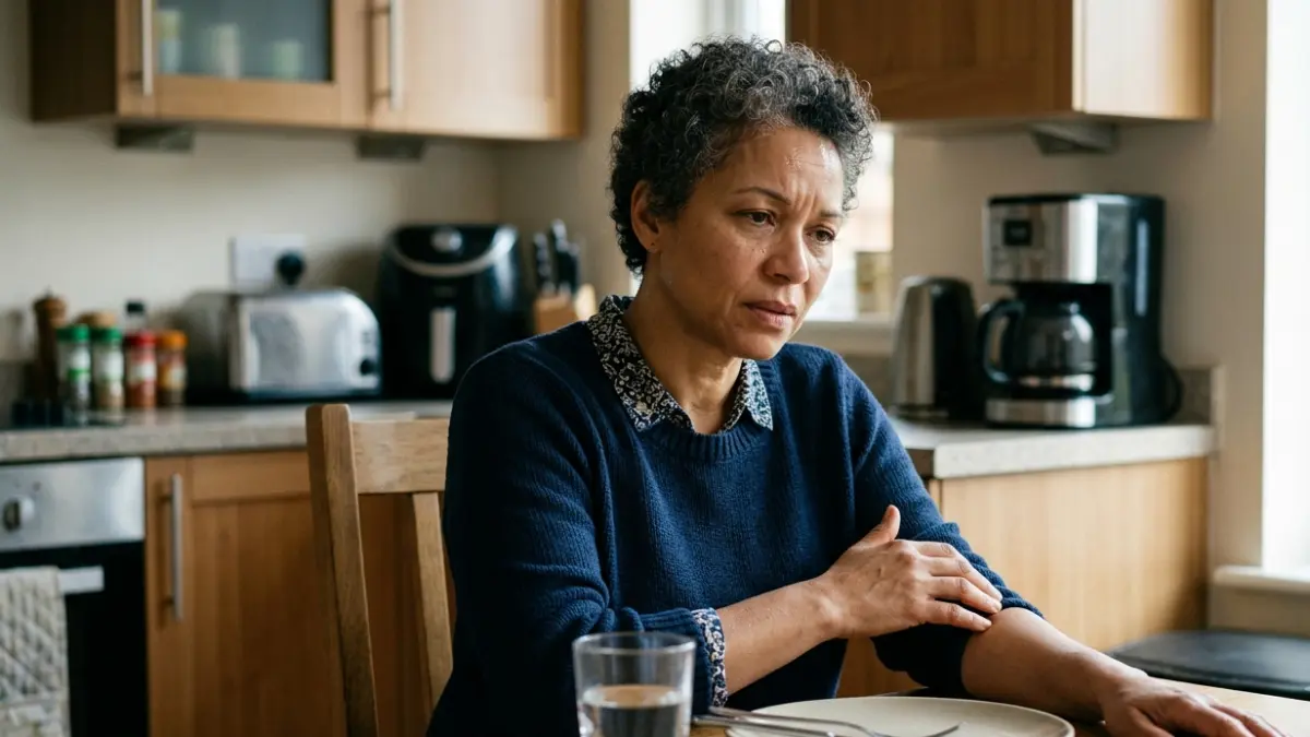 Low blood sugar symptoms appearing suddenly in an adult at home with mild sweating, dizziness, and discomfort