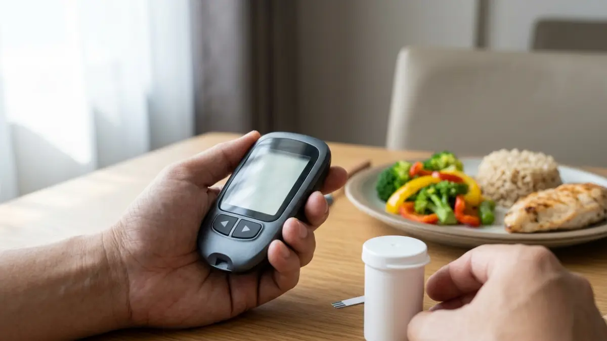 Adult checking blood sugar after a meal while monitoring glucose levels in pregnancy