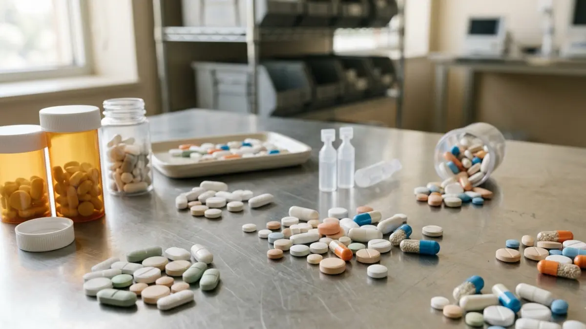 Medications that raise blood sugar represented by assorted generic tablets and capsules