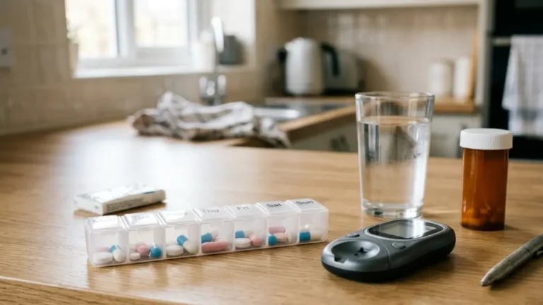 Medications that raise blood sugar alongside a generic glucose meter and pill organizer