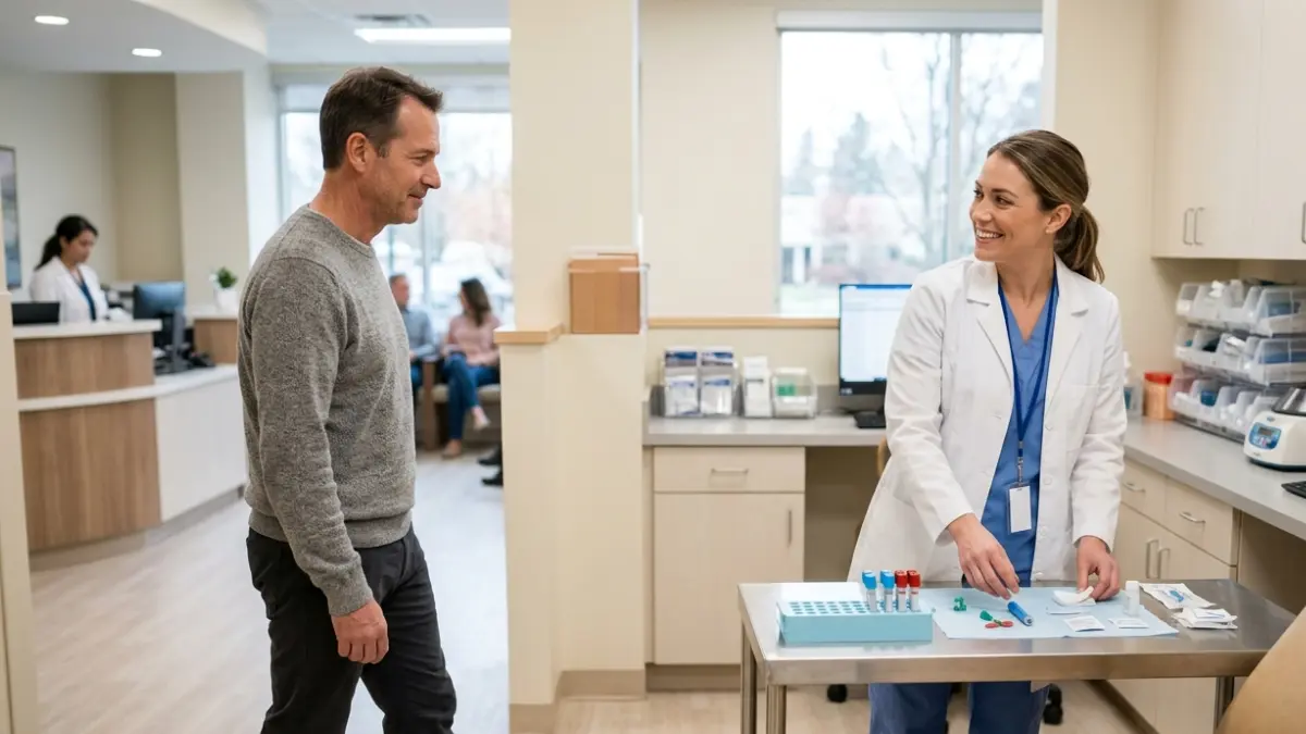Adult patient arriving for an A1C blood test at a modern outpatient laboratory.