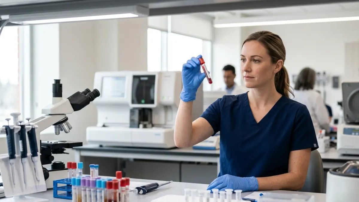 Laboratory technician preparing a blood sample for Normal A1C testing in a professional clinical laboratory