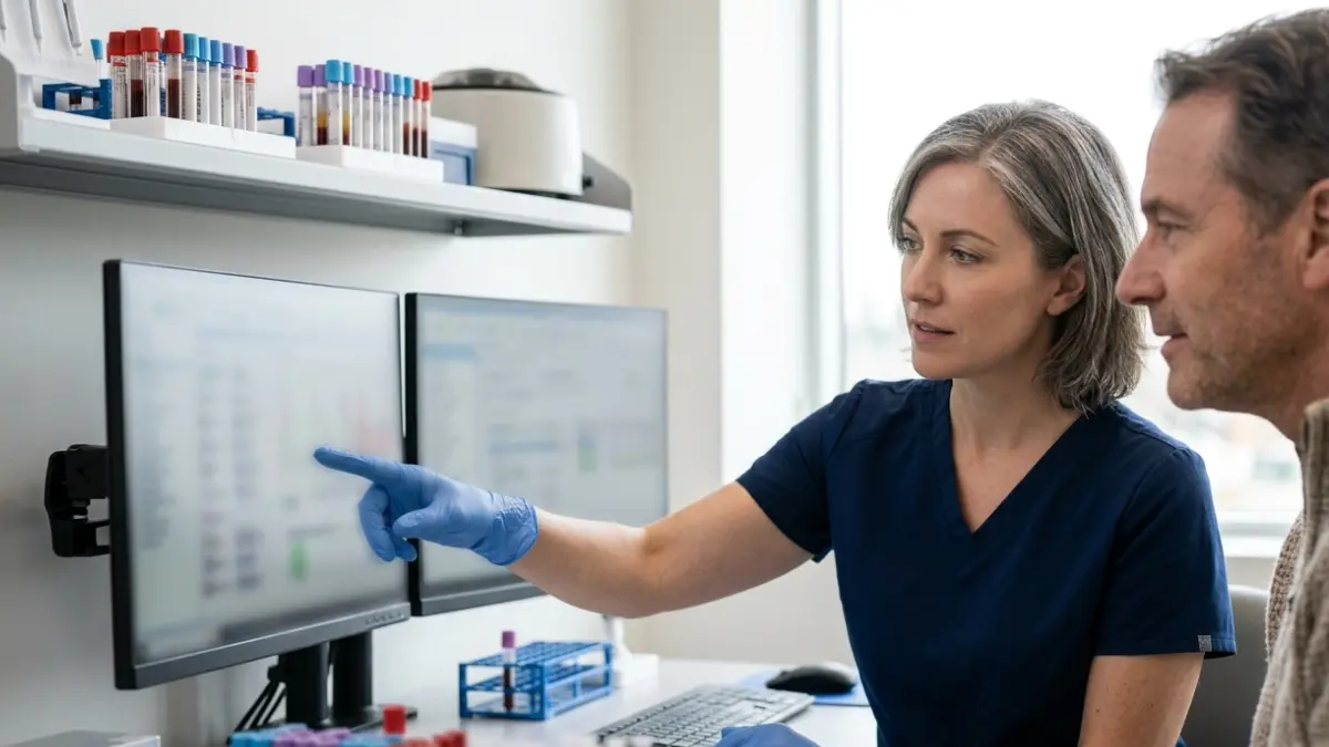 Doctor discussing additional diabetes testing after a Normal A1C result during a patient consultation