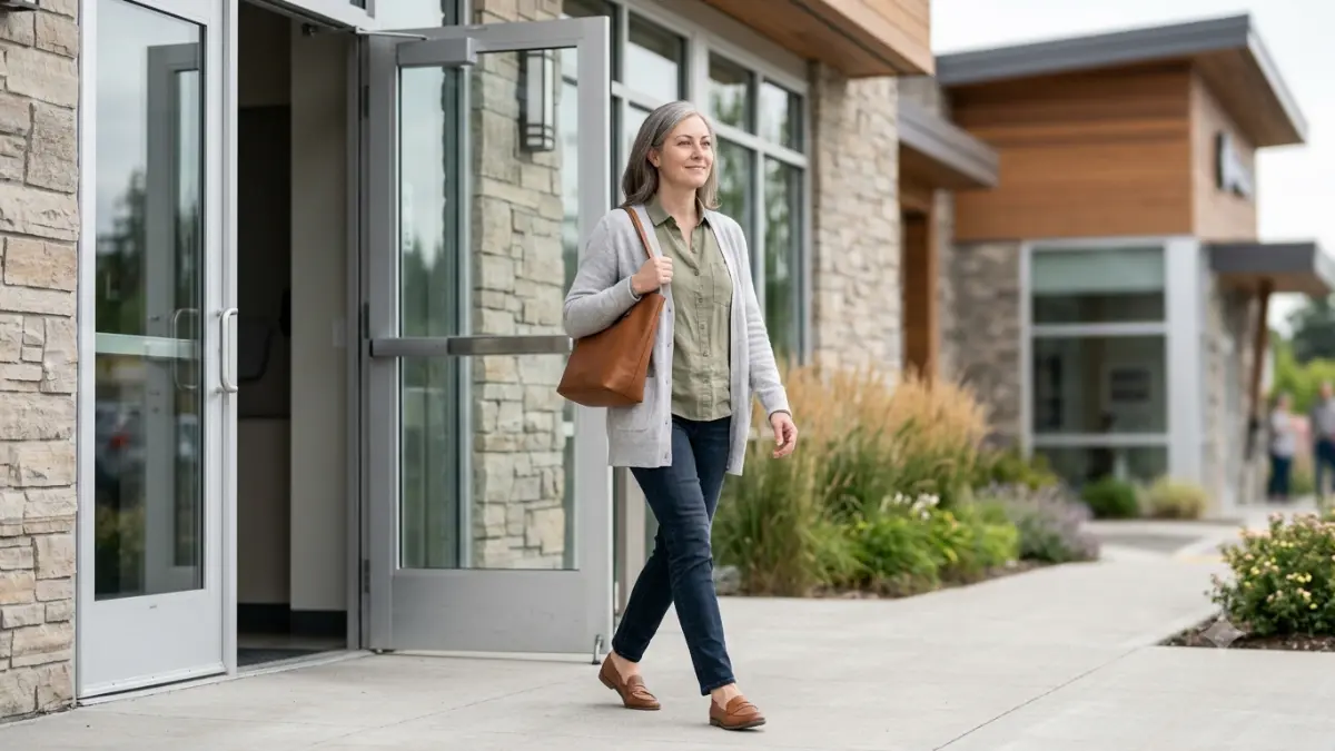 Adult leaving a routine healthcare appointment after receiving a Normal A1C blood test result