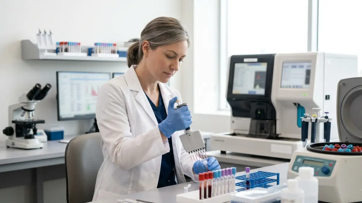 Clinical laboratory scientist analyzing blood specimens related to Normal A1C accuracy and blood conditions