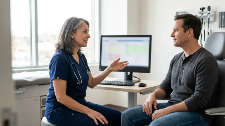 Normal A1C discussion during a routine primary care appointment after a blood test with a physician explaining the results