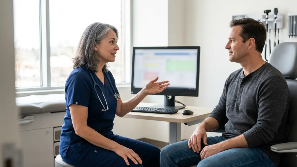 Normal A1C discussion during a routine primary care appointment after a blood test with a physician explaining the results