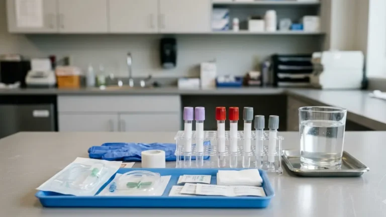 oral glucose tolerance test clinical laboratory setup with glucose solution and blood collection tubes