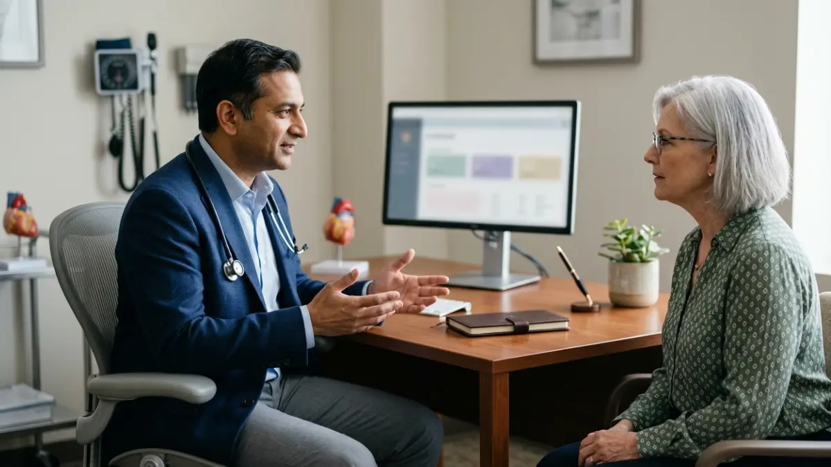 Cardiologist explaining Oral PCSK9 Inhibitor treatment decisions to a patient during a personalized cholesterol consultation