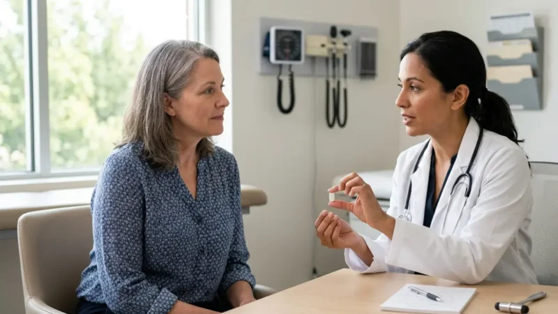 Doctor discussing a new Oral PCSK9 Inhibitor treatment option with an adult patient during a cholesterol management consultation
